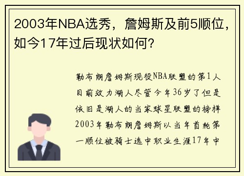 2003年NBA选秀，詹姆斯及前5顺位，如今17年过后现状如何？