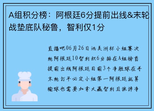 A组积分榜：阿根廷6分提前出线&末轮战垫底队秘鲁，智利仅1分