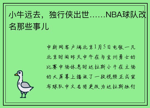 小牛远去，独行侠出世……NBA球队改名那些事儿